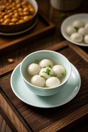 Food scene of glutinous rice balls in a bowl with chopped green onionsの素材