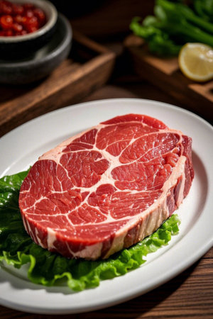 Fresh raw beef steak ingredients on a plateの素材