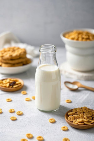 Bottled milk with cerebral breakfast imageの素材