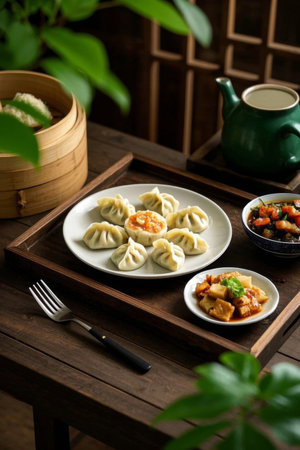 Dumplings and side dishes on a Chinese tableの素材
