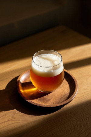 Beer in a glass on a wooden plateの素材