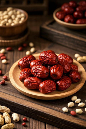 Red dates and beans on a wooden plateの素材