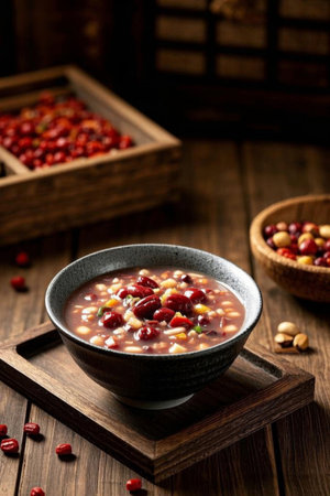 A bowl of grain porridge on a wooden tableの素材