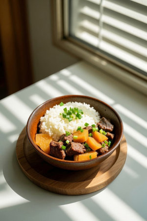 Beef and rice delicacies in wooden bowls by the windowの素材