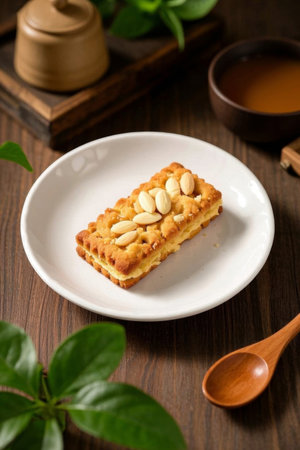 Nut crackers on a white plate on a wooden tableの素材