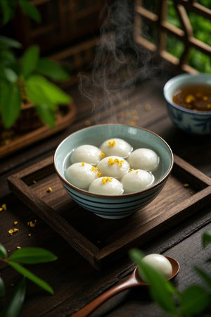 Close up of osmanthus glutinous rice balls in a bowlの素材