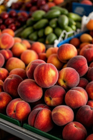 Fresh peppers and fruit at market stallsの素材