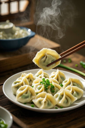 Chopsticks pick up steaming dumplingsの素材