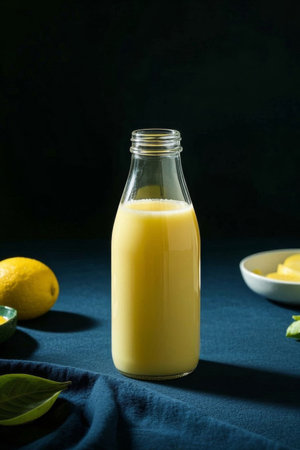 Still life of yellow juice in a glass bottleの素材