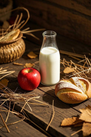Milk apples and bread on a wooden tabletopの素材