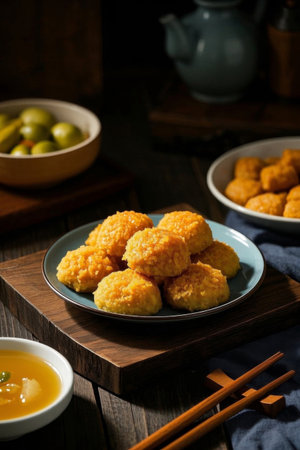 Fried delicacies on wooden tablesの素材