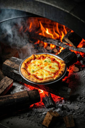 Delicious pizza baked over charcoalの素材