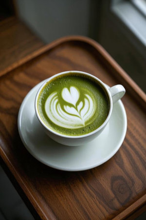 Matcha Latte Lava Coffee on a Wooden Trayの素材