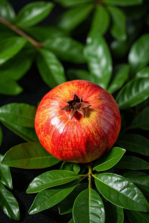 Fresh pomegranates set against green leavesの素材