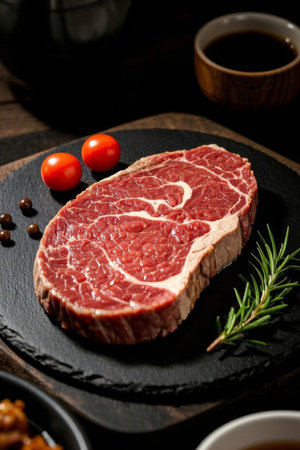 Fresh steak ingredients on the slateの素材