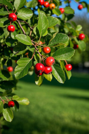 Close up of red fruits and green leaves on the branchesの素材