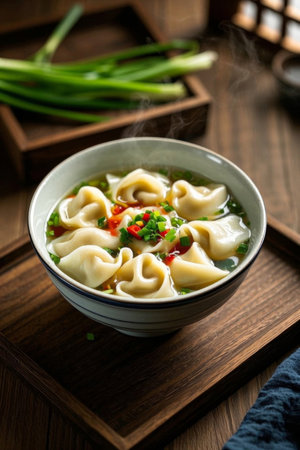 Bowl sized wontons with chopped green onions and peppersの素材