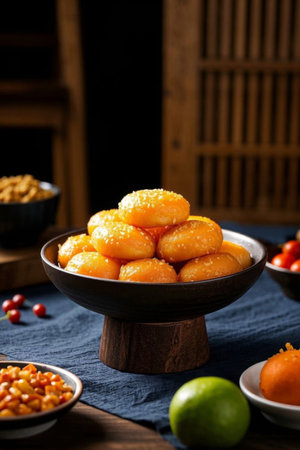 Close up of Chinese dim sum sesame balls on a plateの素材