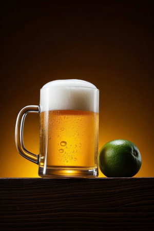 Beer and lime on a wooden tableの素材