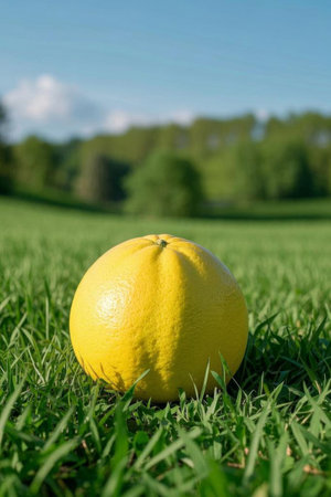 Close up of yellow fruit on the grassの素材