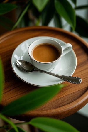 Coffee cup and spoon on wooden tableの素材