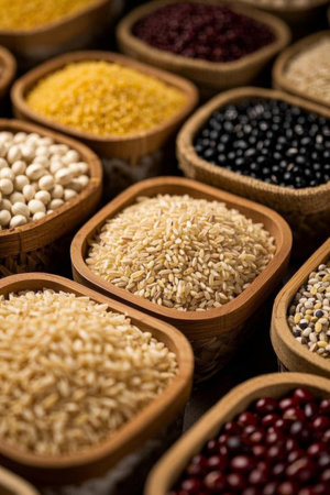 Various grains in wooden bowlsの素材