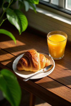 Horn bun and orange juice on a wooden table by the windowの素材