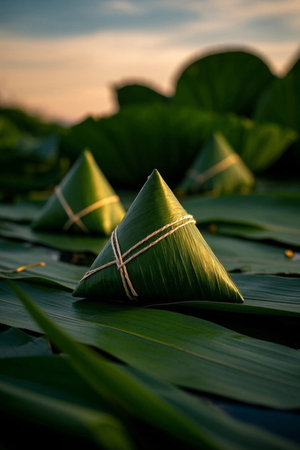 Zongzi placed on outdoor zongzi leavesの素材