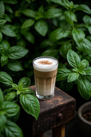 Cappuccino coffee next to green plantsの素材