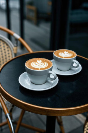 Two cups of latte art coffee on an outdoor round tableの素材