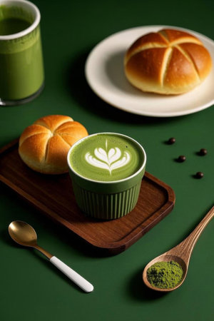 Matcha drink and bread food combinationの素材