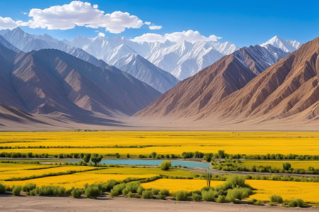 Golden field scenery under the outdoor snow capped mountainsの素材