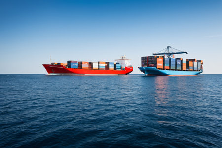 Container cargo ships sailing by seaの素材