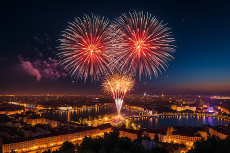 Brilliant fireworks in the city night viewの素材