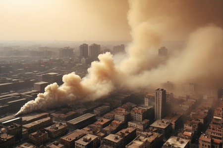 Thick smoke emissions from industrial chimneys above citiesの素材
