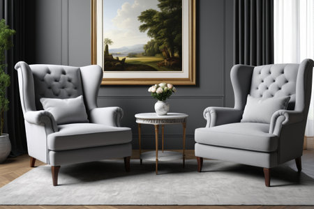 Interior gray armchair with decorative painting sceneの素材
