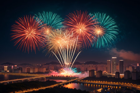 Brilliant fireworks in the city night sceneの素材