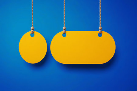 Yellow blank sign hanging on blue backgroundの素材