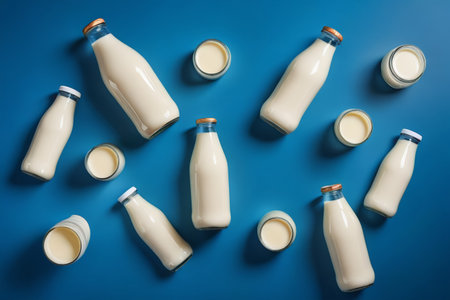 Bottled and cup milk on a blue backgroundの素材