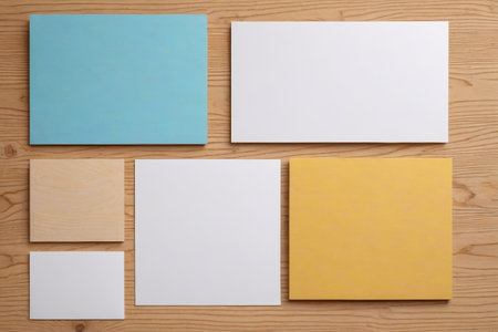 Colored blank paper on wooden backgroundの素材