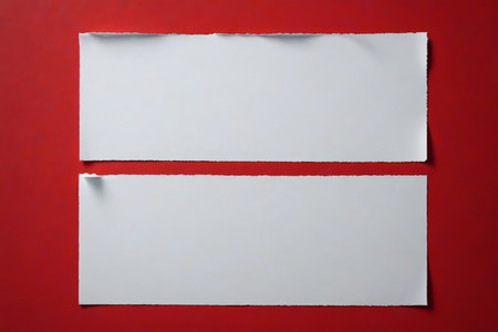 Two white blank sheets of paper on a red backgroundの素材