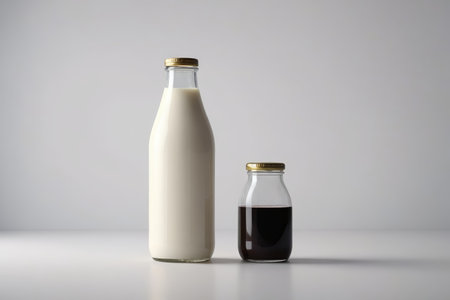 Glass bottle milk and dark drinks displayの素材