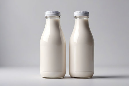 Close up of two glass bottles of milkの素材