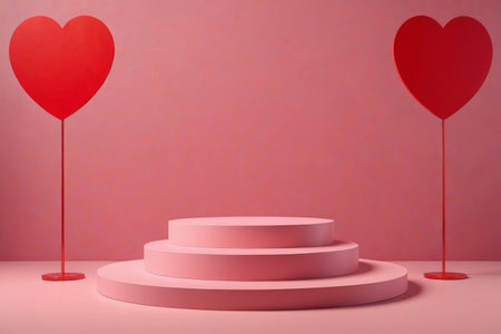 Display stand with heart decoration on pink backgroundの素材