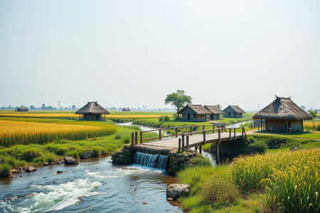 Pastoral rice paddy hut wooden bridge sceneryの素材