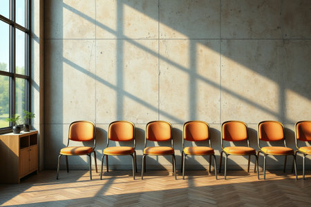 Orange chairs neatly arranged by the interior windowの素材