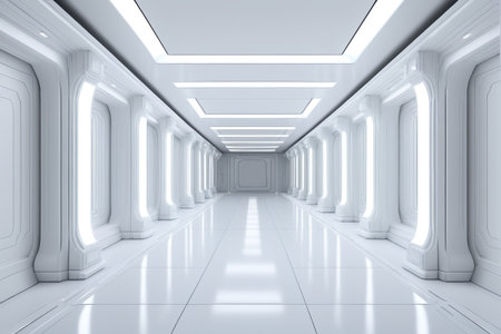 Science fiction style futuristic white corridor sceneの素材