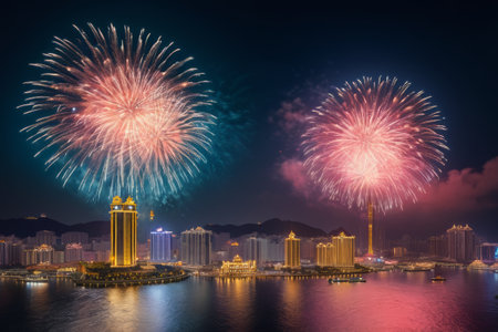 Panoramic view of fireworks blooming at night in the cityの素材