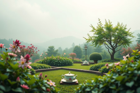 Nature with tea sets in the gardenの素材