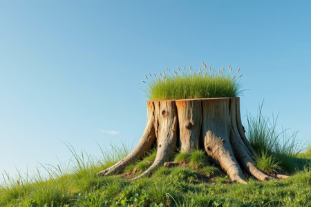 Tree stumps and new green grass in the meadowの素材
